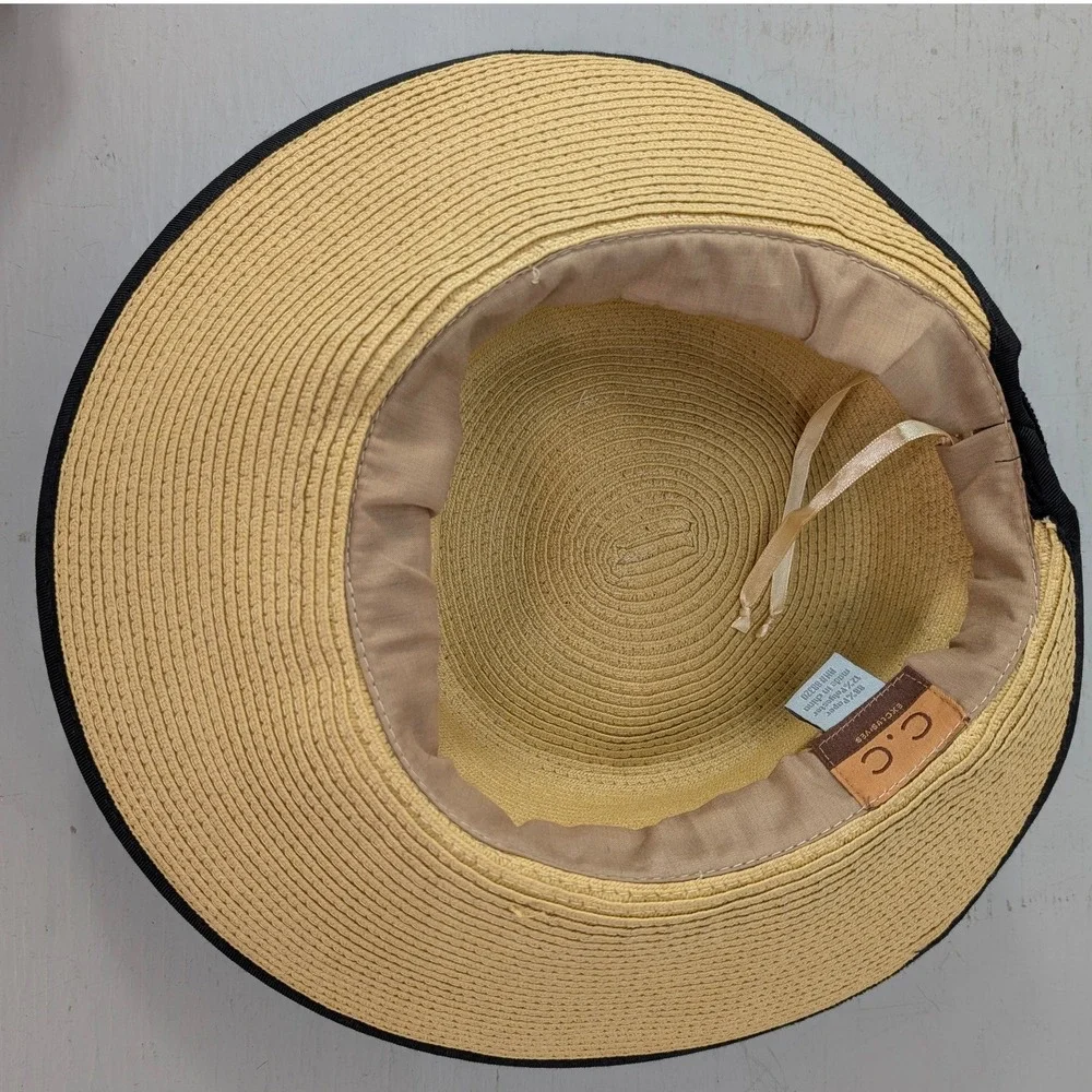 C.C Exclusives Women Tan Straw Sun Hat‎ Wide Brim Black Ribbon Trim Vacay Size L - Picture 4 of 4